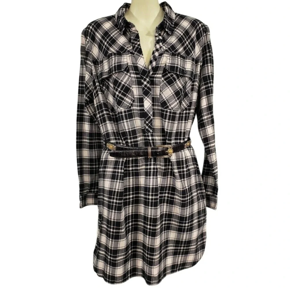 J. Crew Plaid Tunic Shirt Dress Black White Long Sleeve Pockets‎ Size Medium